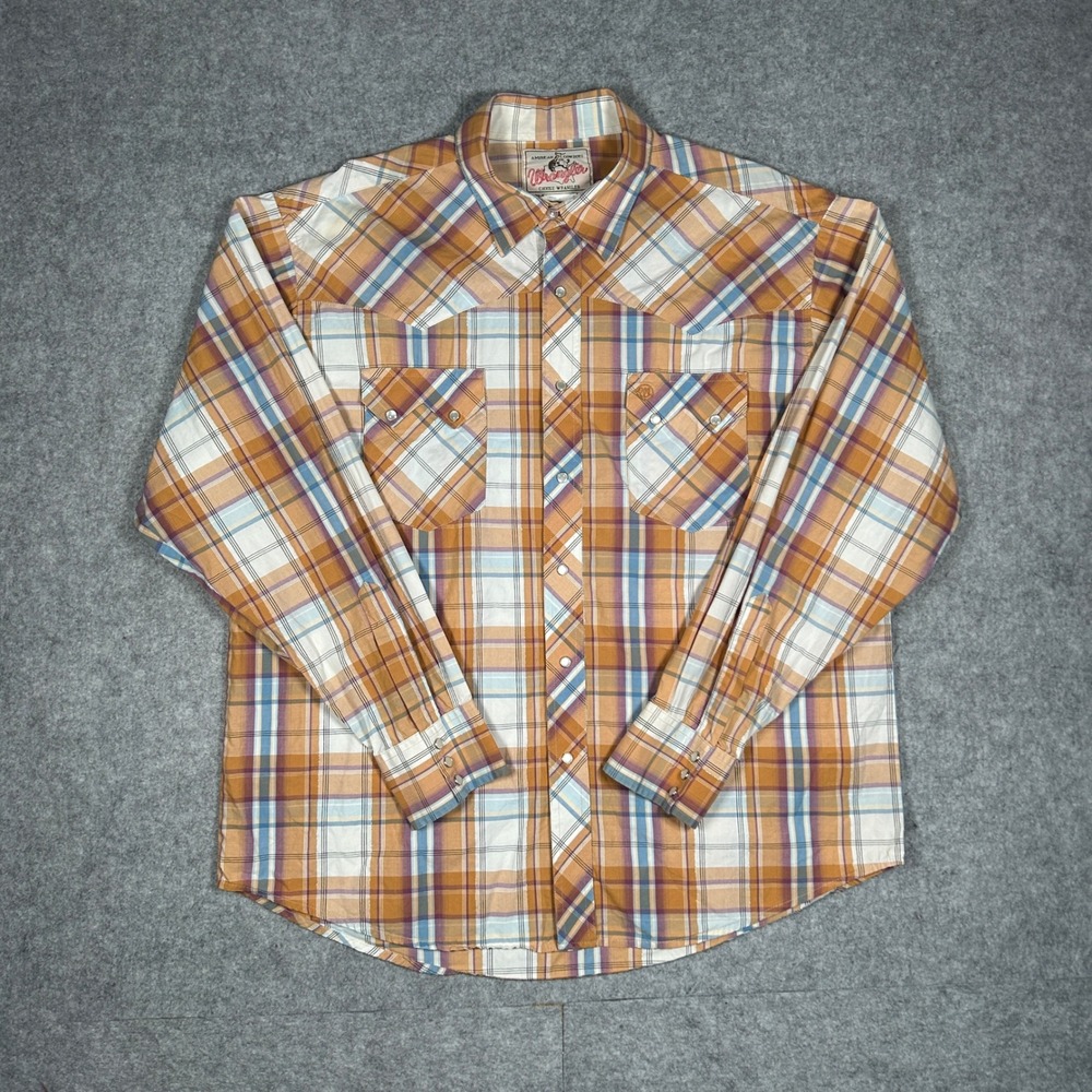 Wrangler American cowboy shirt Mens Large Orange Plaid Pearl Snap western